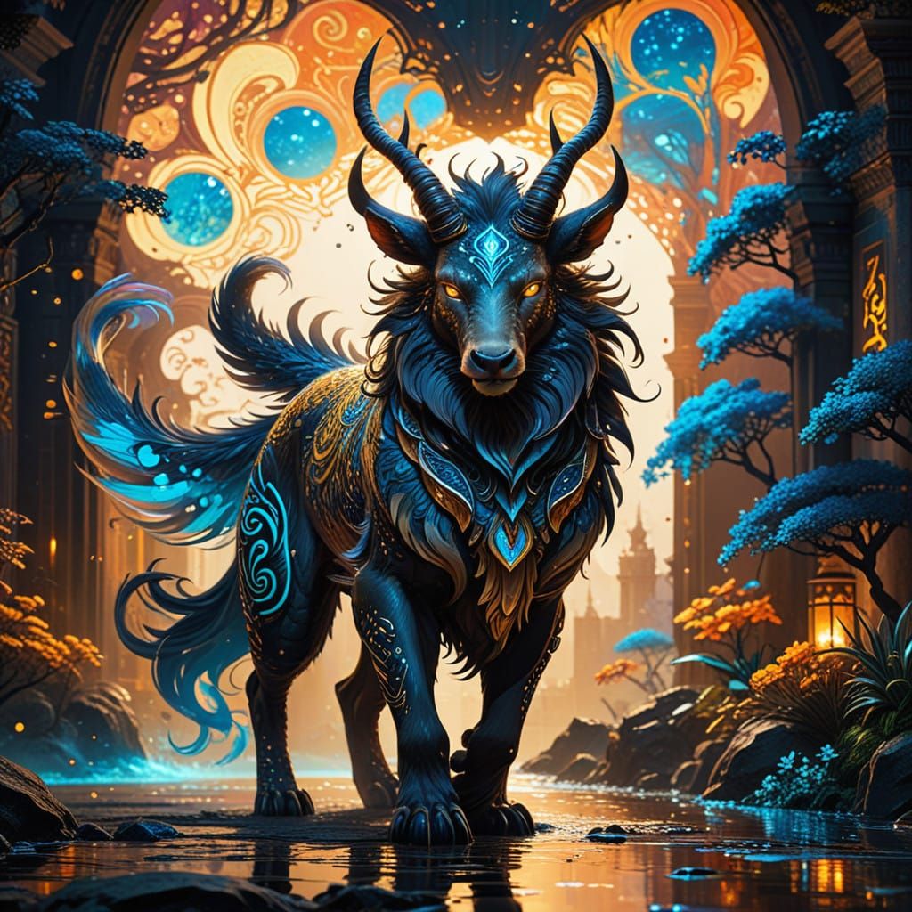 Golden Fantasy Creature in Vibrant Pointillism Art