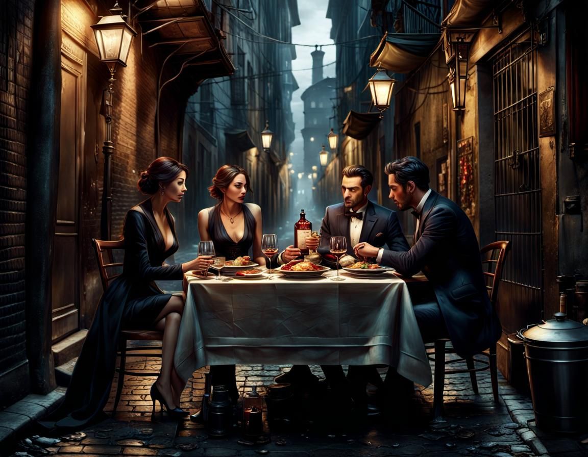 Elegant Dining Amidst Grime: 8k Concept Art