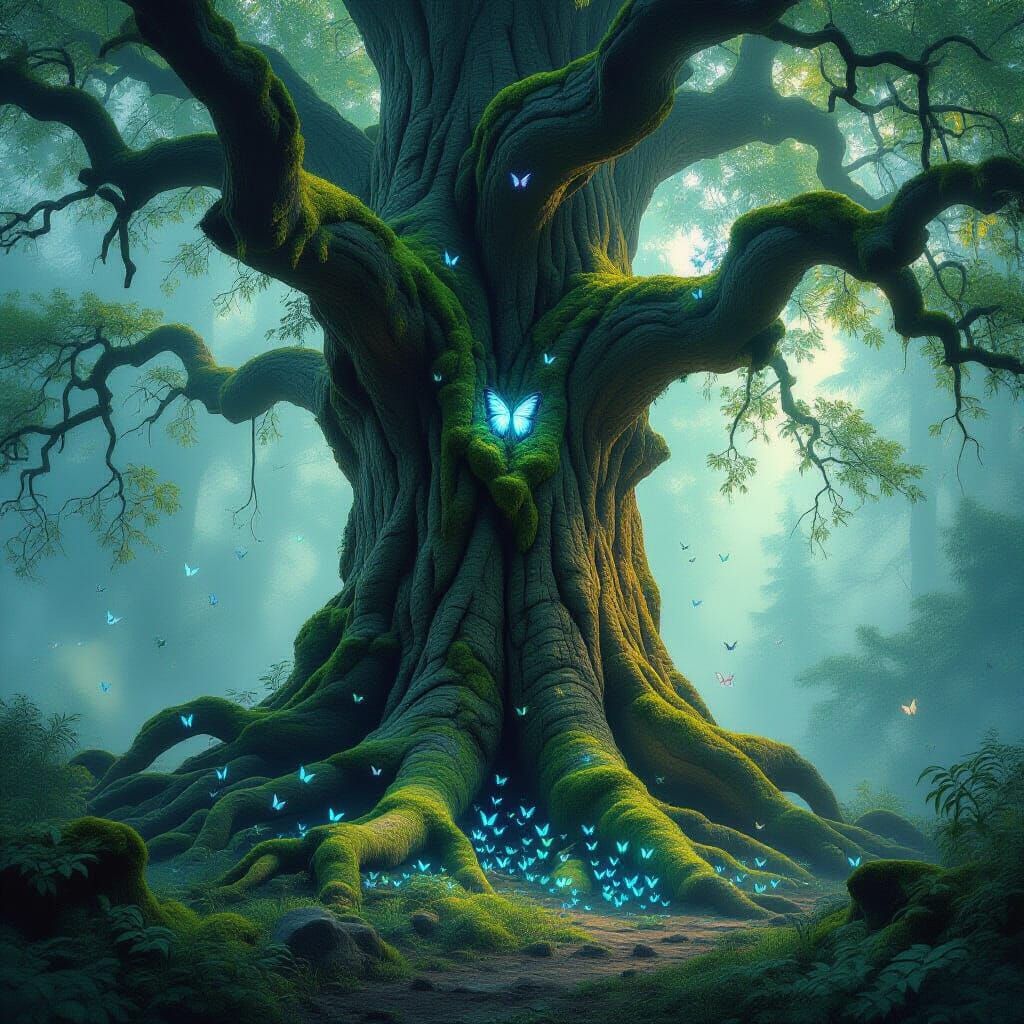 Ancient Rune-Carved Tree in Misty Forest