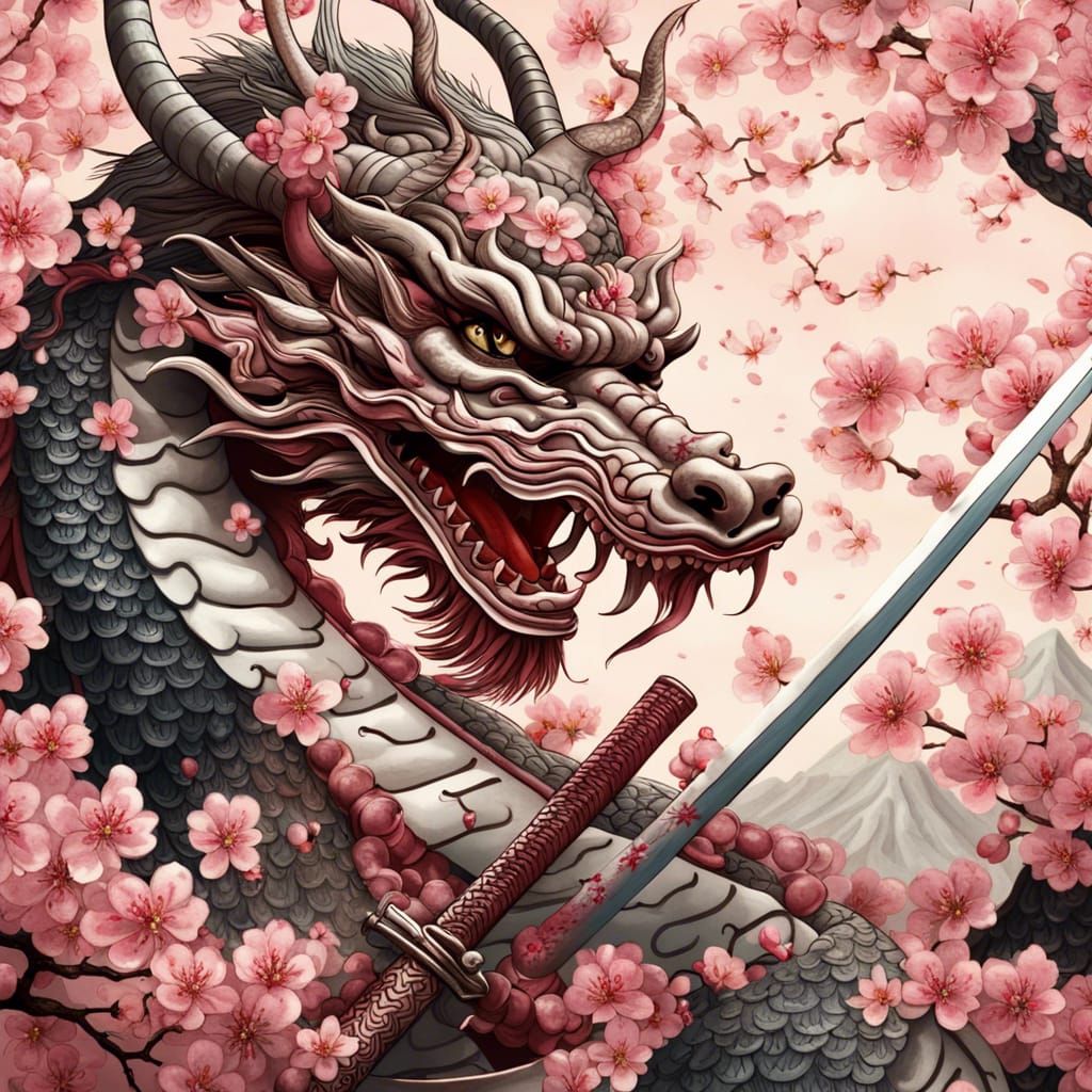Samurai and Dragon with Cherry Blossoms