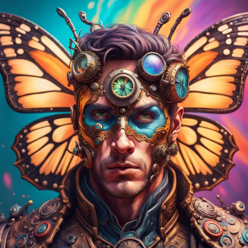 Psychedelic Steampunk Butterfly Warrior: Hyperrealistic Conc...