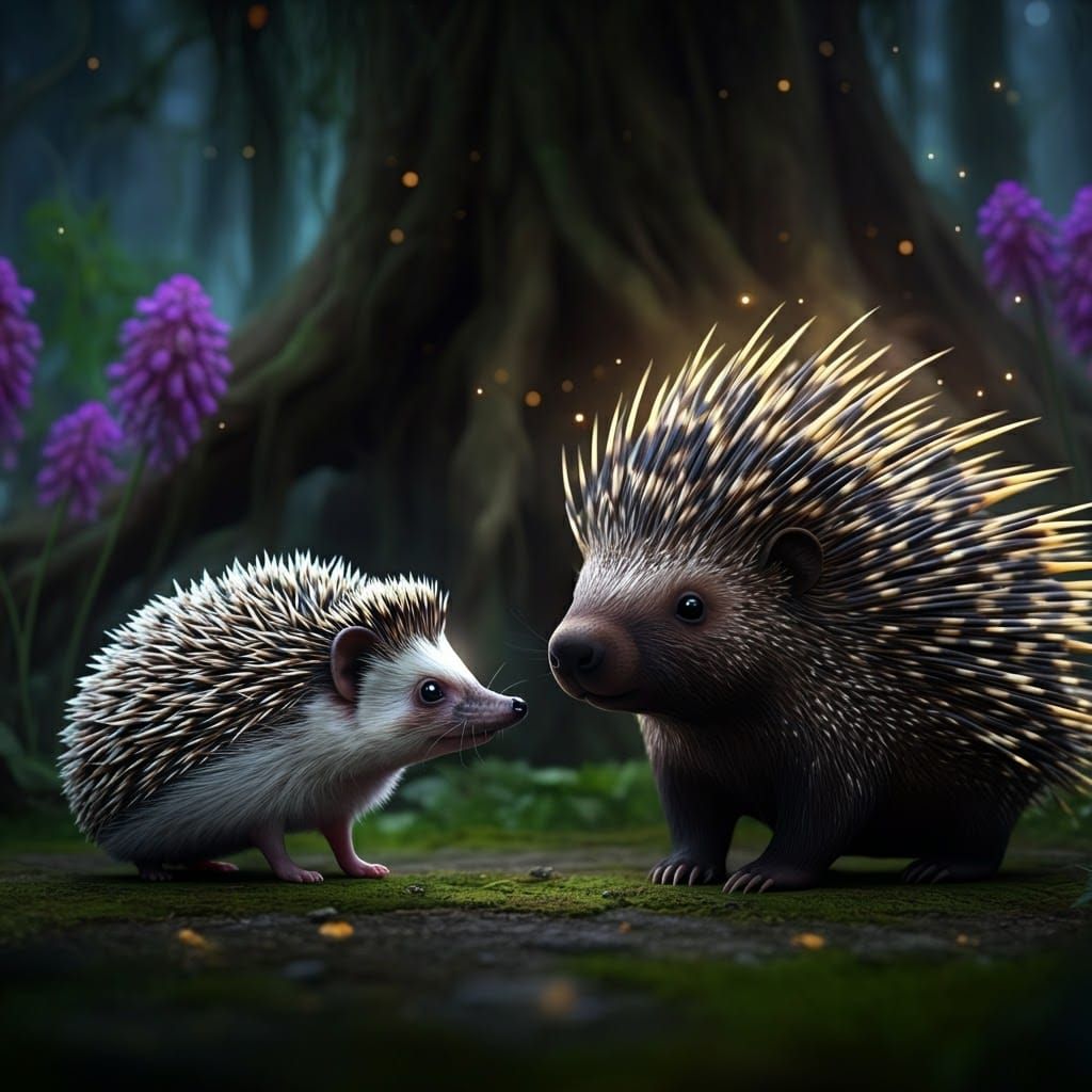 Hedgehog and Porcupine Encounter in Moonlit Forest