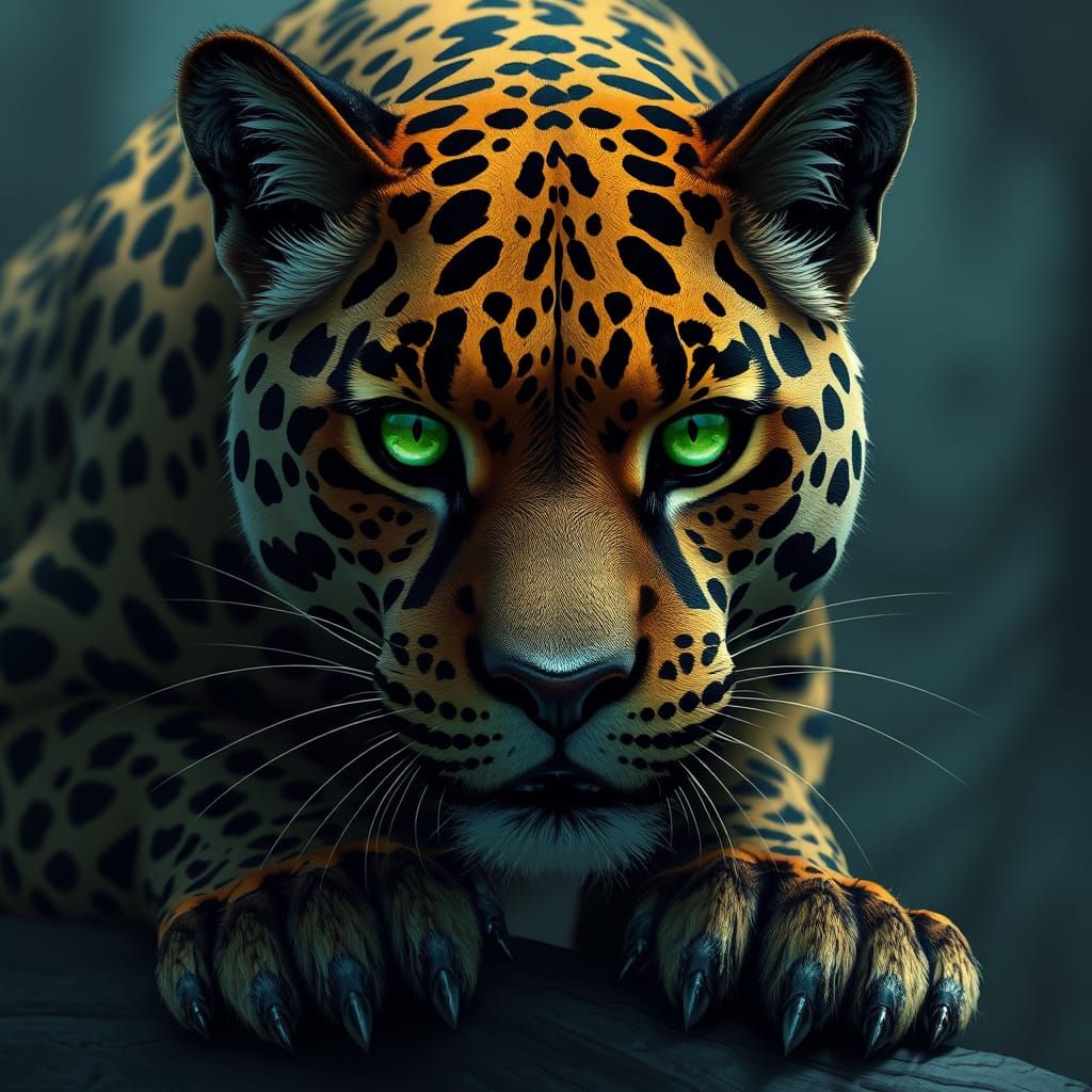 Hybrid Leopard-Panther with Glowing Eyes