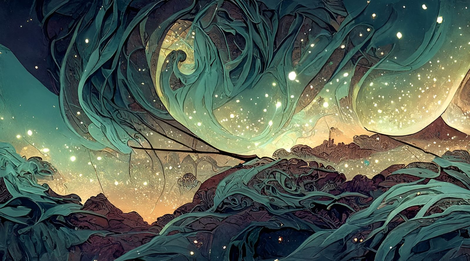 Cosmic Nebula Twisting Through the Universe in Art Nouveau S...