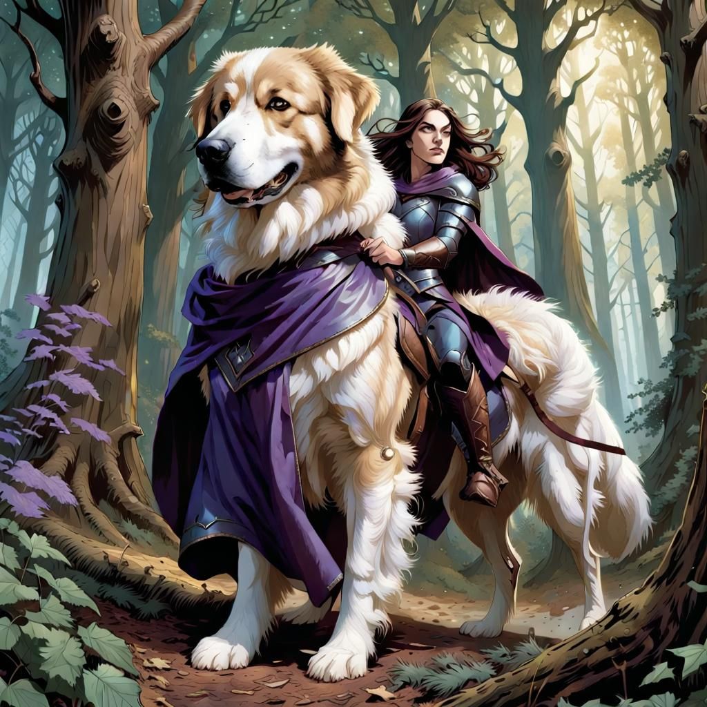 Witch Rides Armored Dog Defending Forest, Comic Book Art
