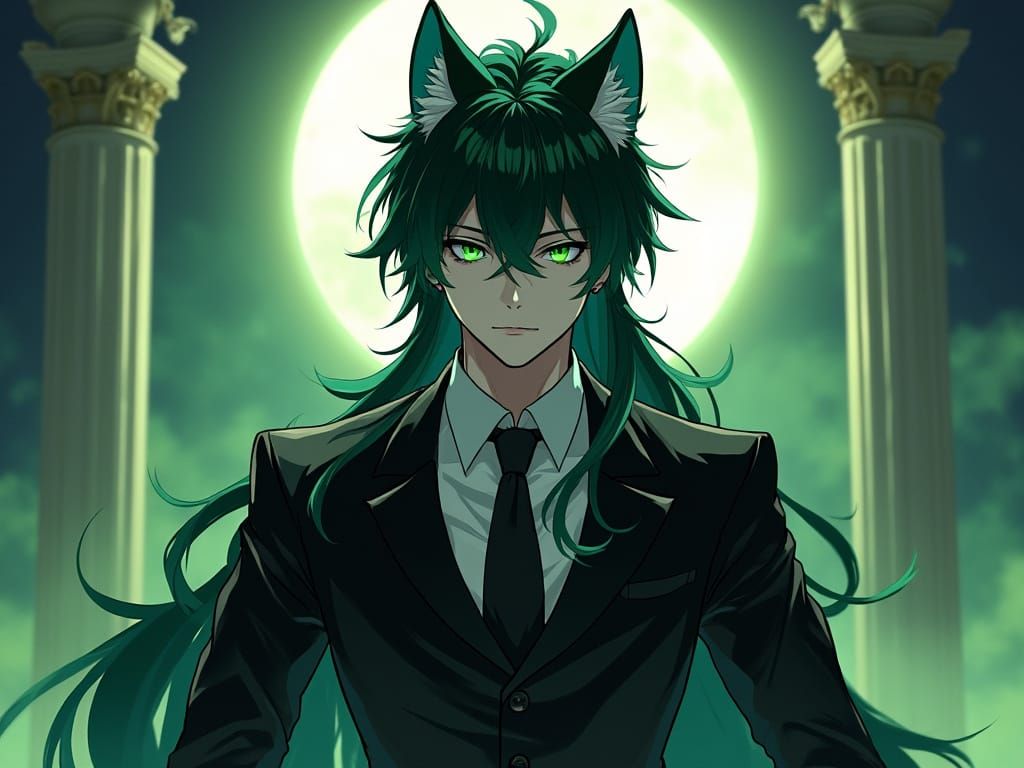 Anime Wolf King in Black Suit with Green Eyes