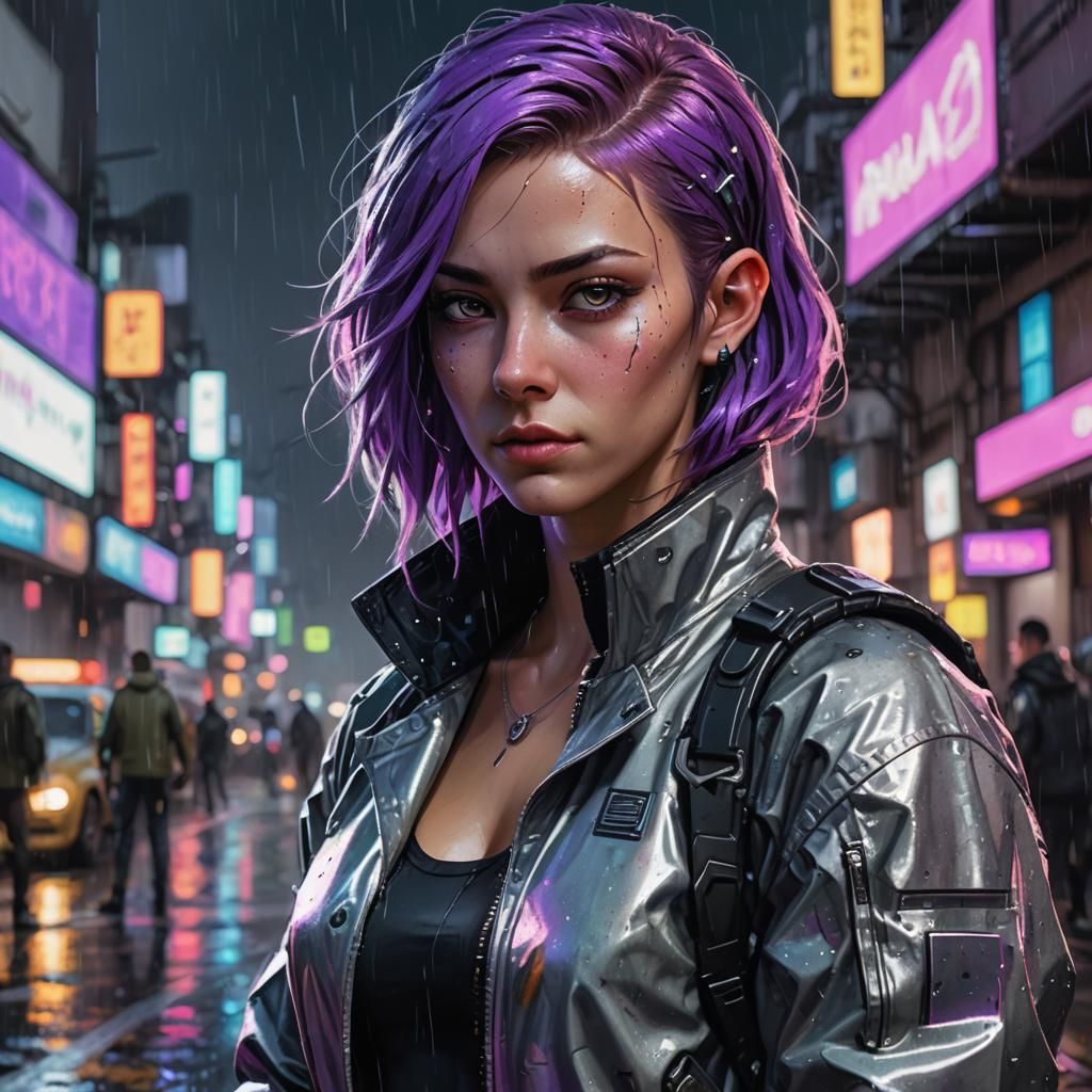 Cyberpunk Hacker with Cybernetic Eyes in Rainy City