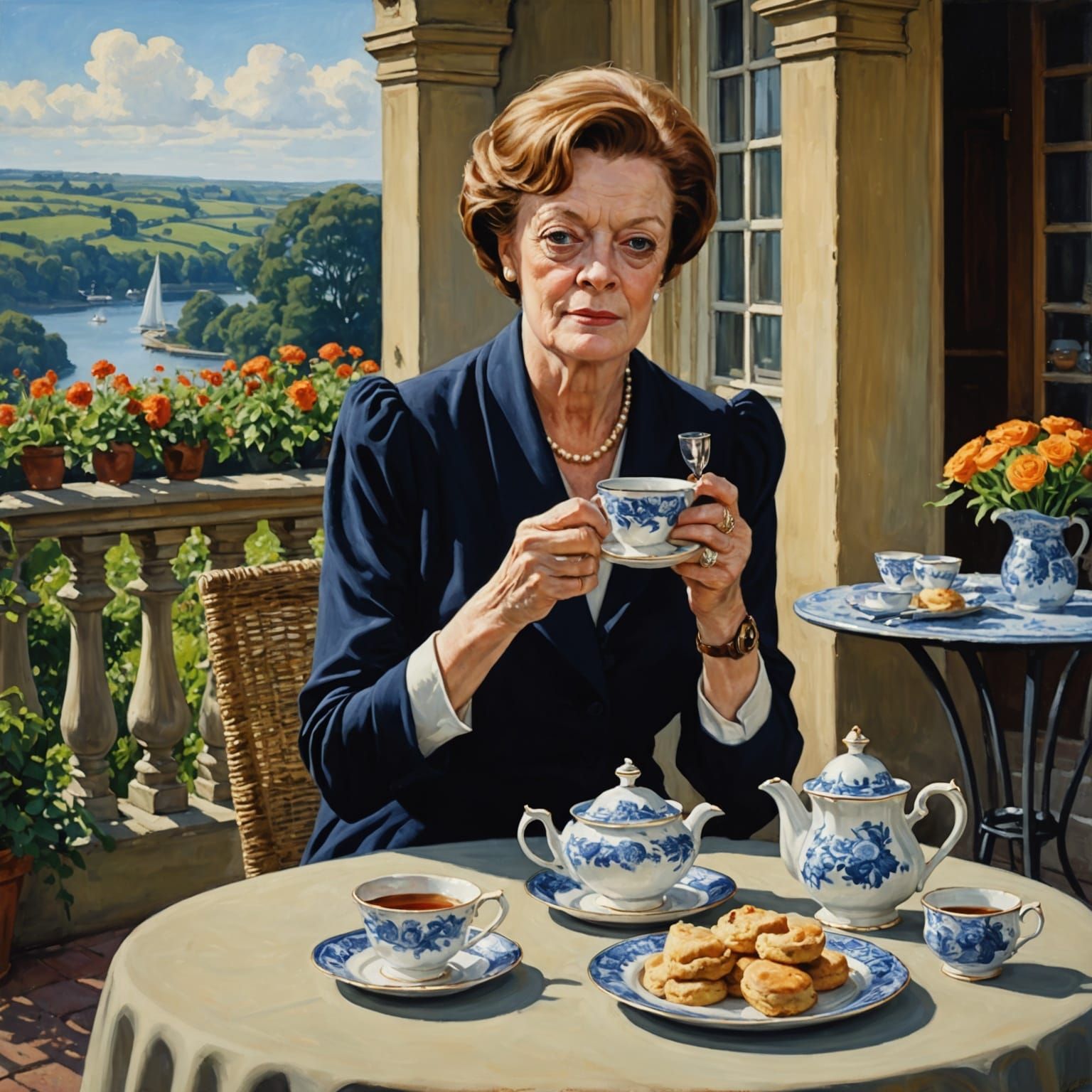 Elegant Portrait of a Woman Having Tea, Oil Painting
