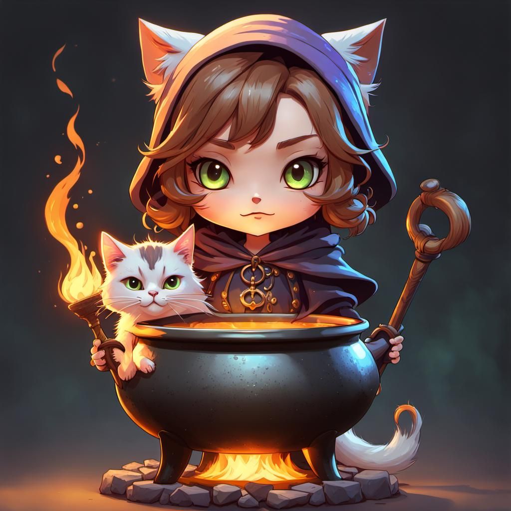 Chibi Witch and Cat Portrait in Art Nouveau Style