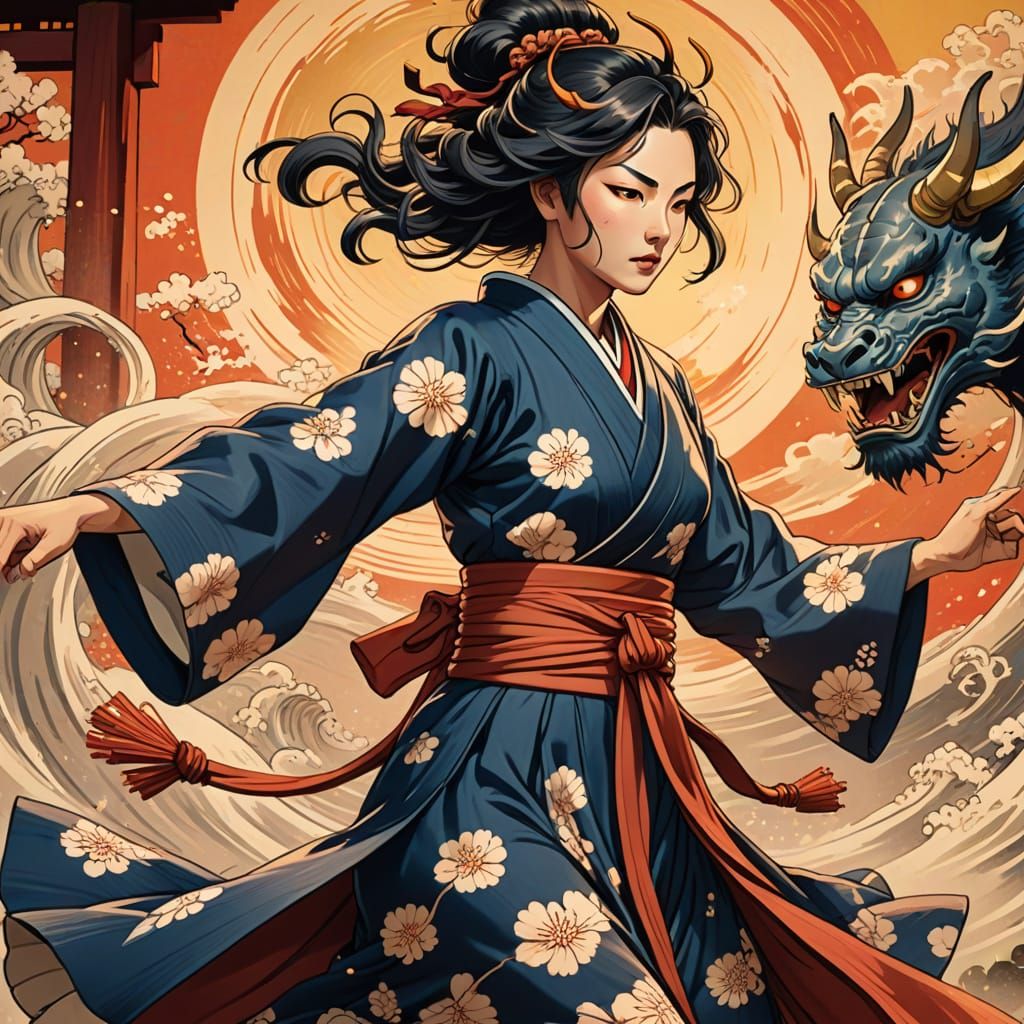 Dynamic Anime Woman Kicks Oni in Golden Light