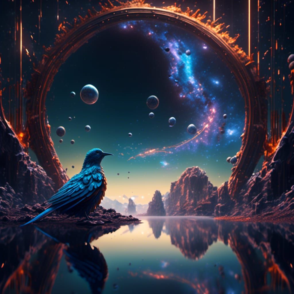 Bird Stares at Intergalactic Stargate Reflection