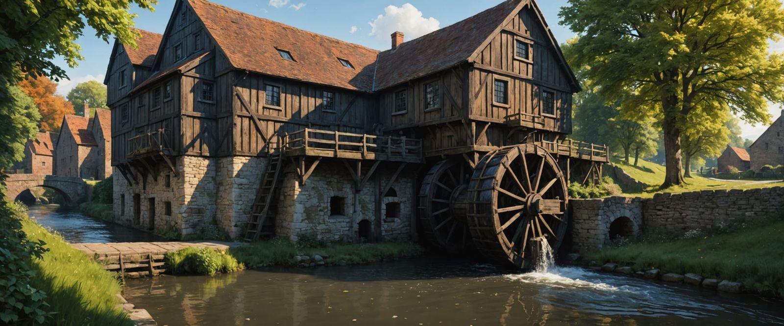 English Canal Scene with Ancient Water Mill in Hyperrealisti...