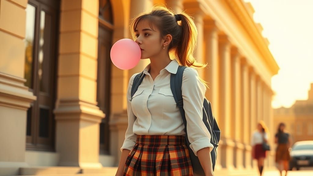School Girl Blowing Bubble Gum