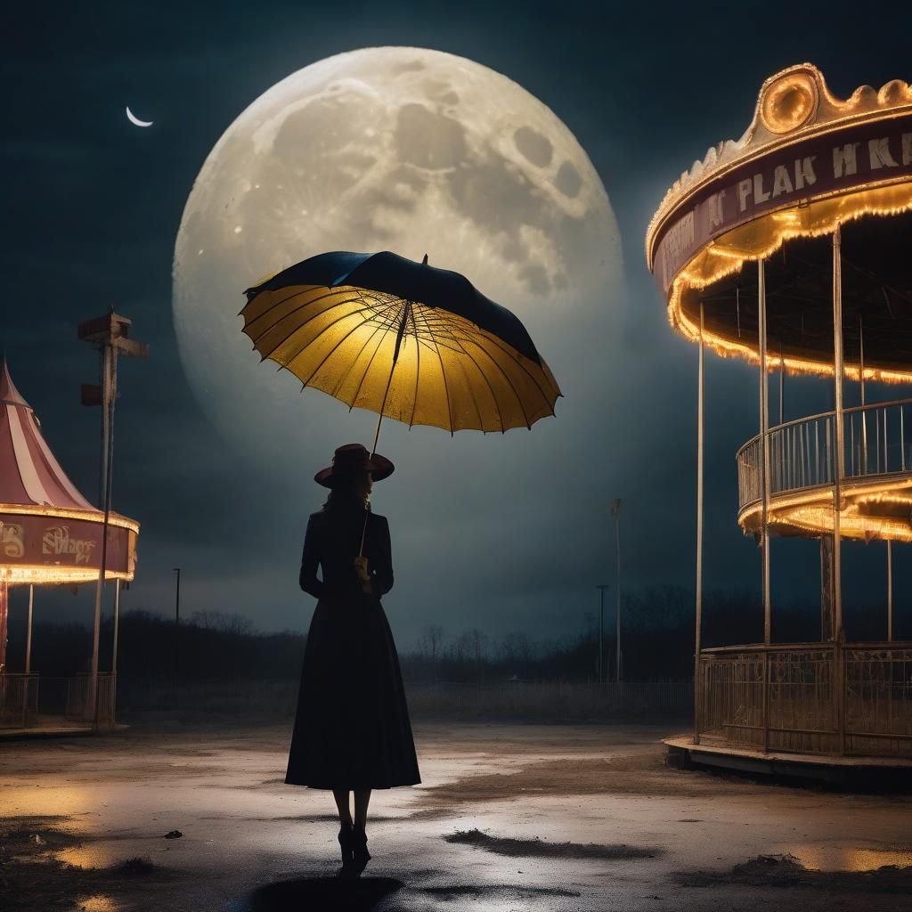 Ominous Moon Over Abandoned Amusement Park