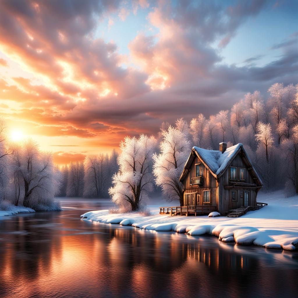 Frozen River Cabin at Sunset: Color Photography