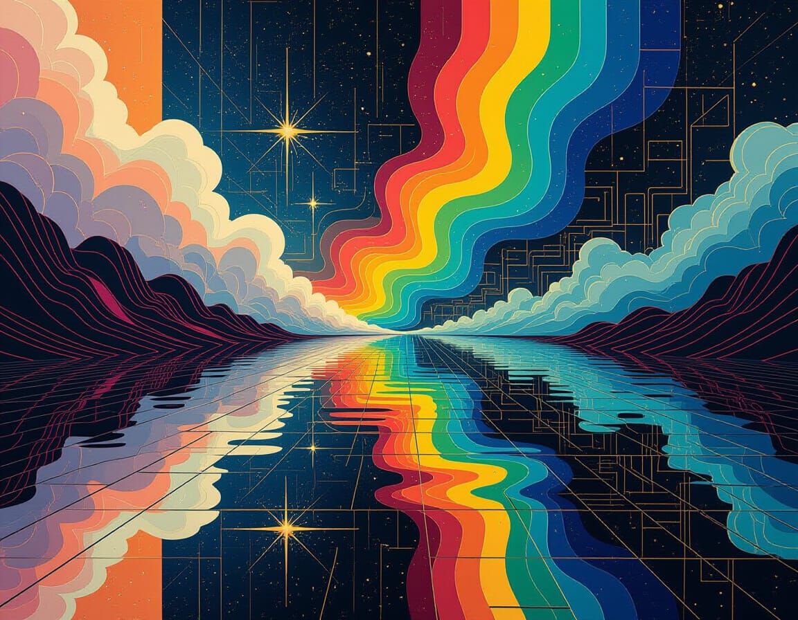 Synthwave Glitchcore Landscape with Reflective Pools