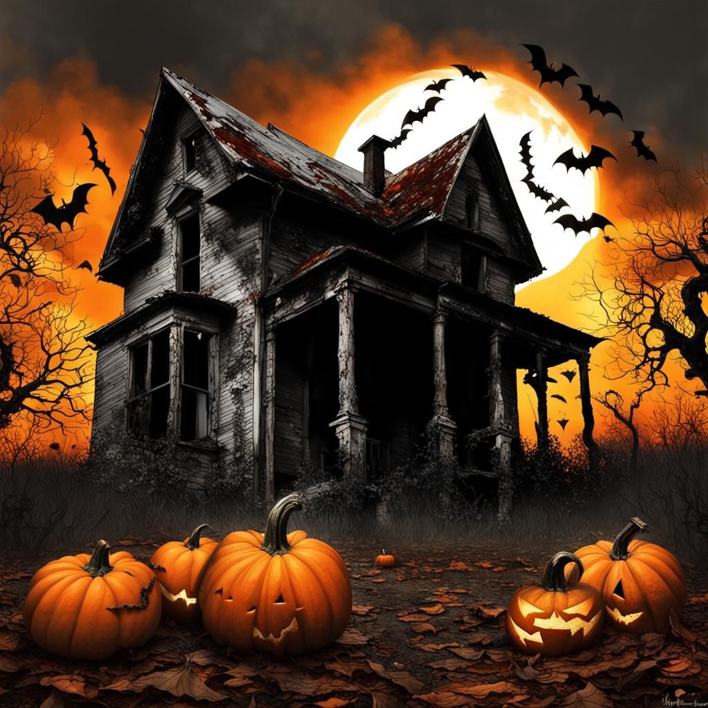 Eerie Abandoned Village with Bats and Pumpkins