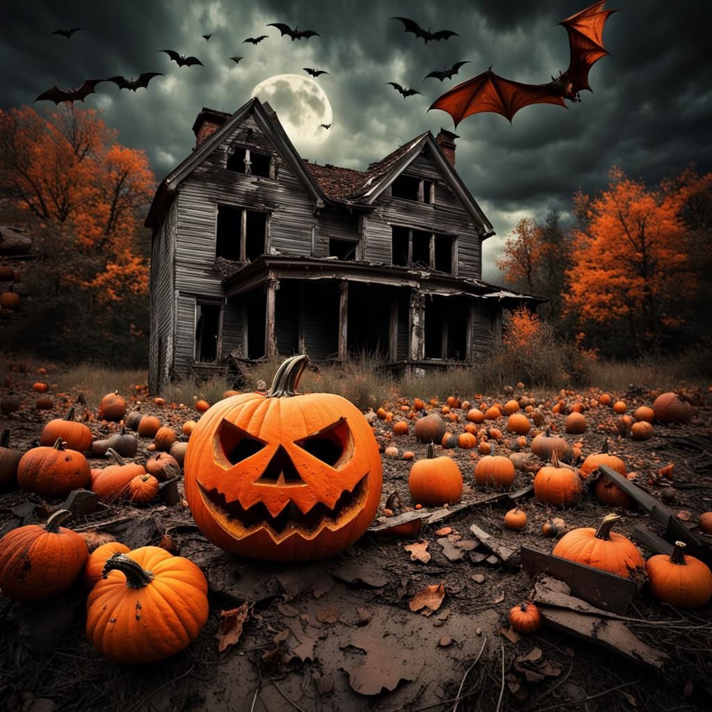 Horror in Decayed Village with Bats and Pumpkins
