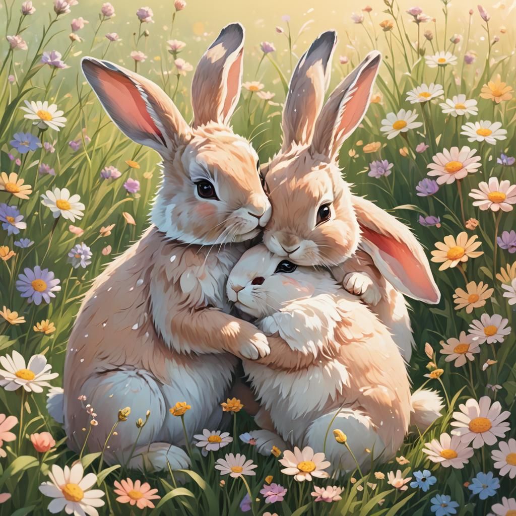 Cute Rabbits Hugging in Sunny Meadow: Anime-Inspired