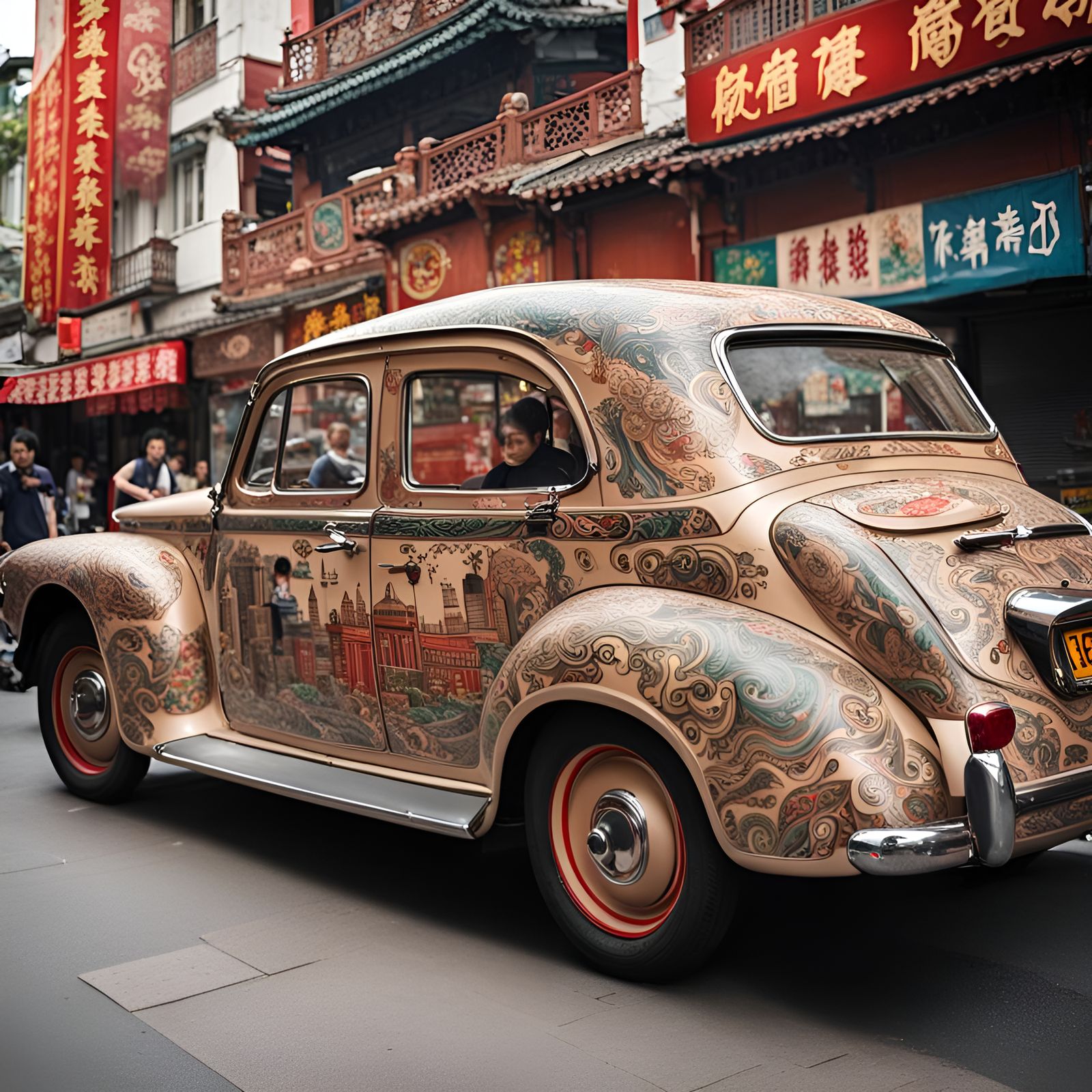 Tattooed Car in Chinatown: Ornate Close-Up View