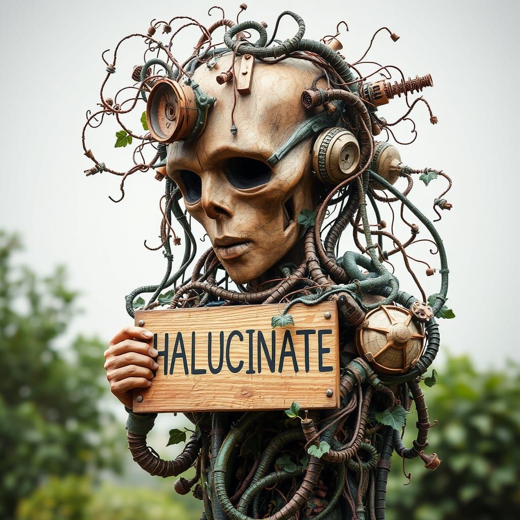 Surreal Sculpture: Human Head with Vines & Mechanics