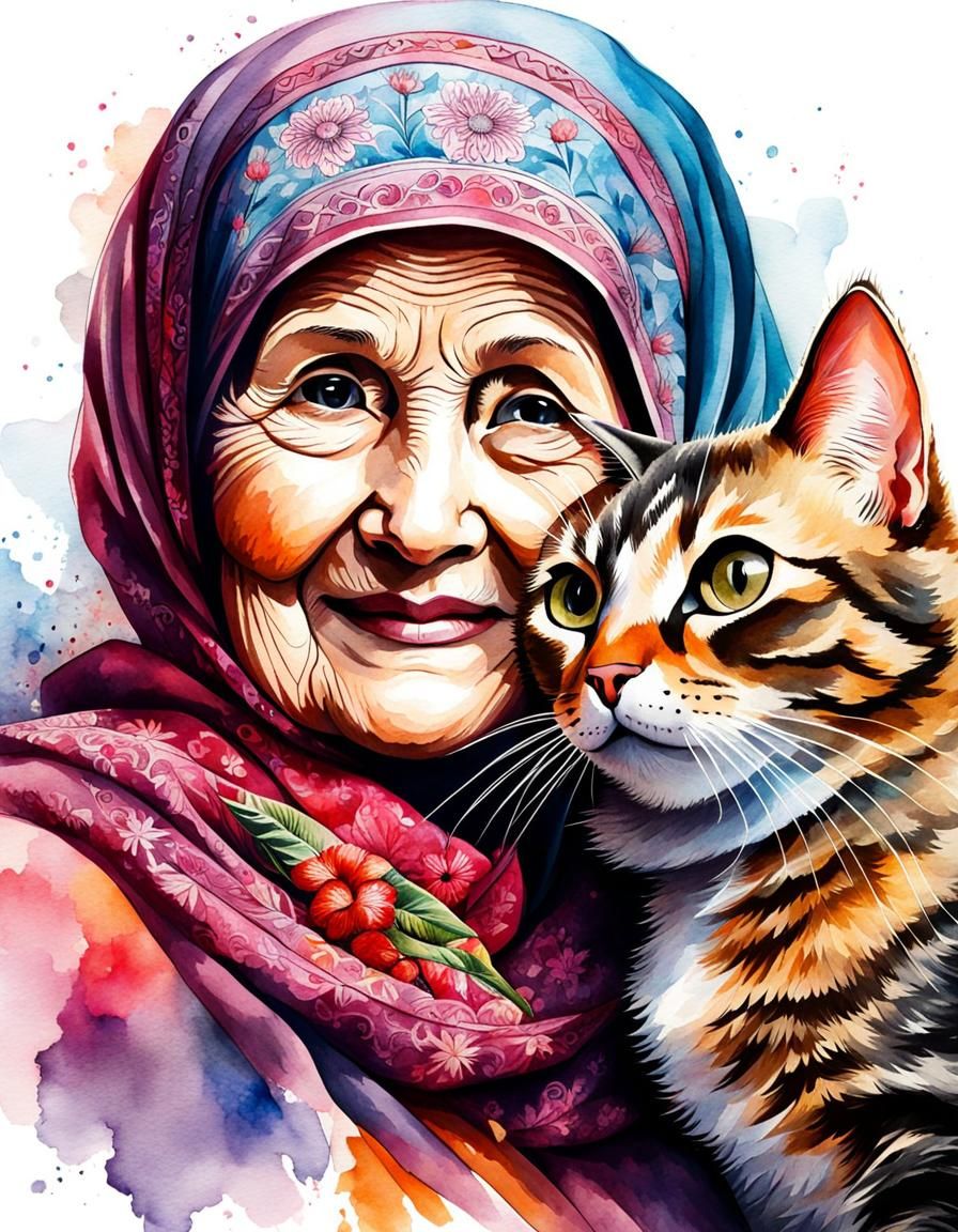 Charming Grandma and Cat Portrait in Watercolor