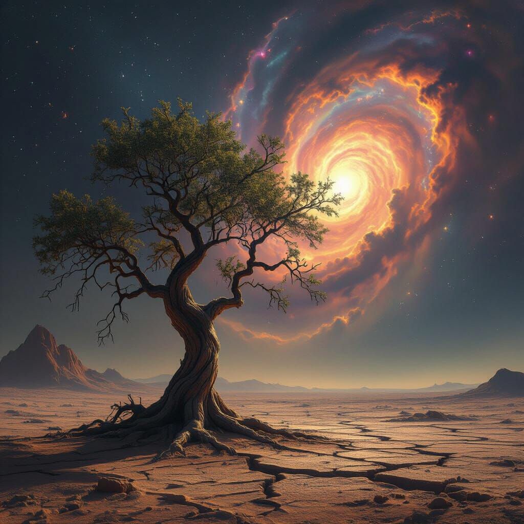 Ancient Tree on Alien Planet Under Cosmic Nebula