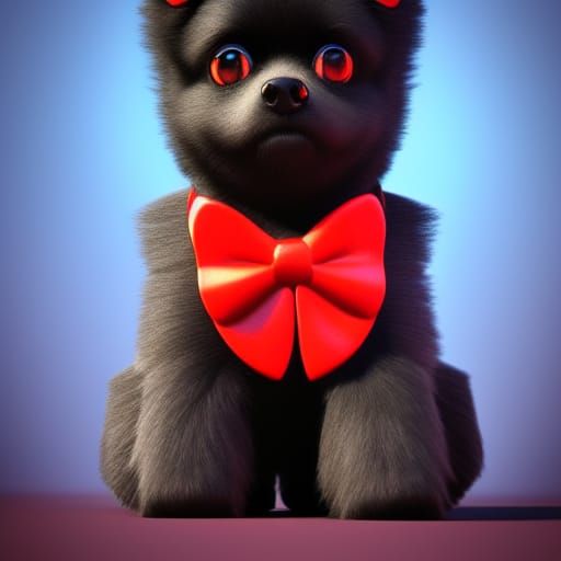 Black Pomeranian Puppy with Red Bowtie as 3D Art
