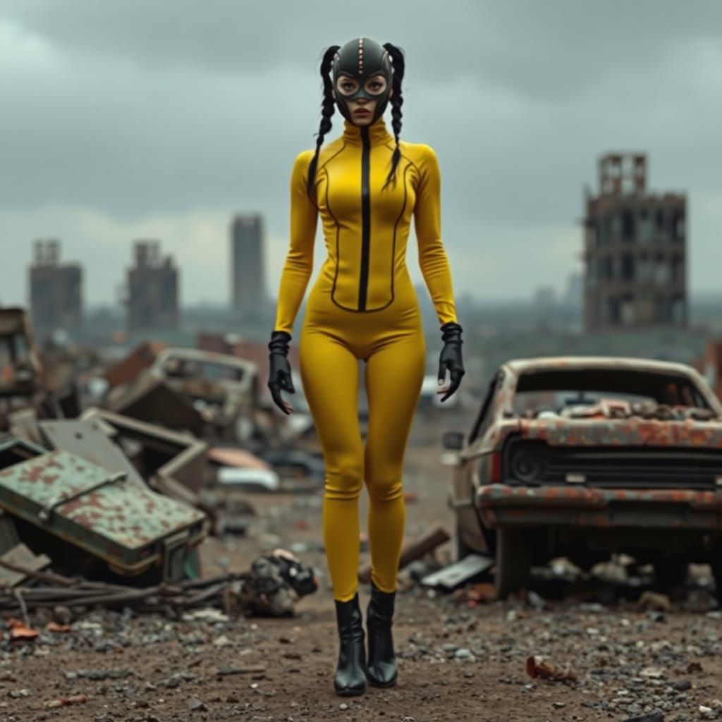 Apocalyptic Survivor in Yellow Latex Catsuit