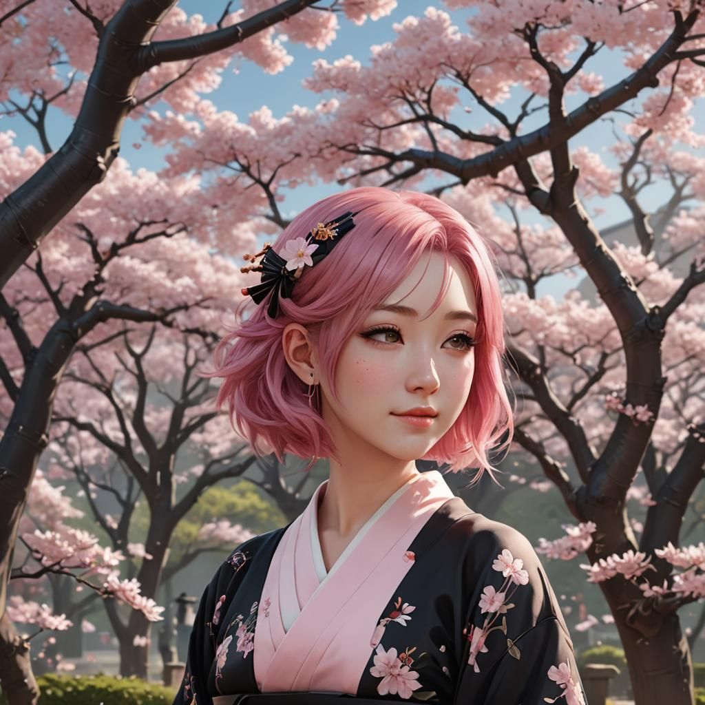 Pink-Haired Woman in Sakura Garden: 3D Anime Art