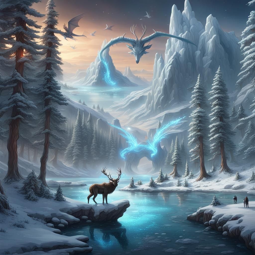 Cosmic Winter Riverscape with Dragons and Frozen Forest