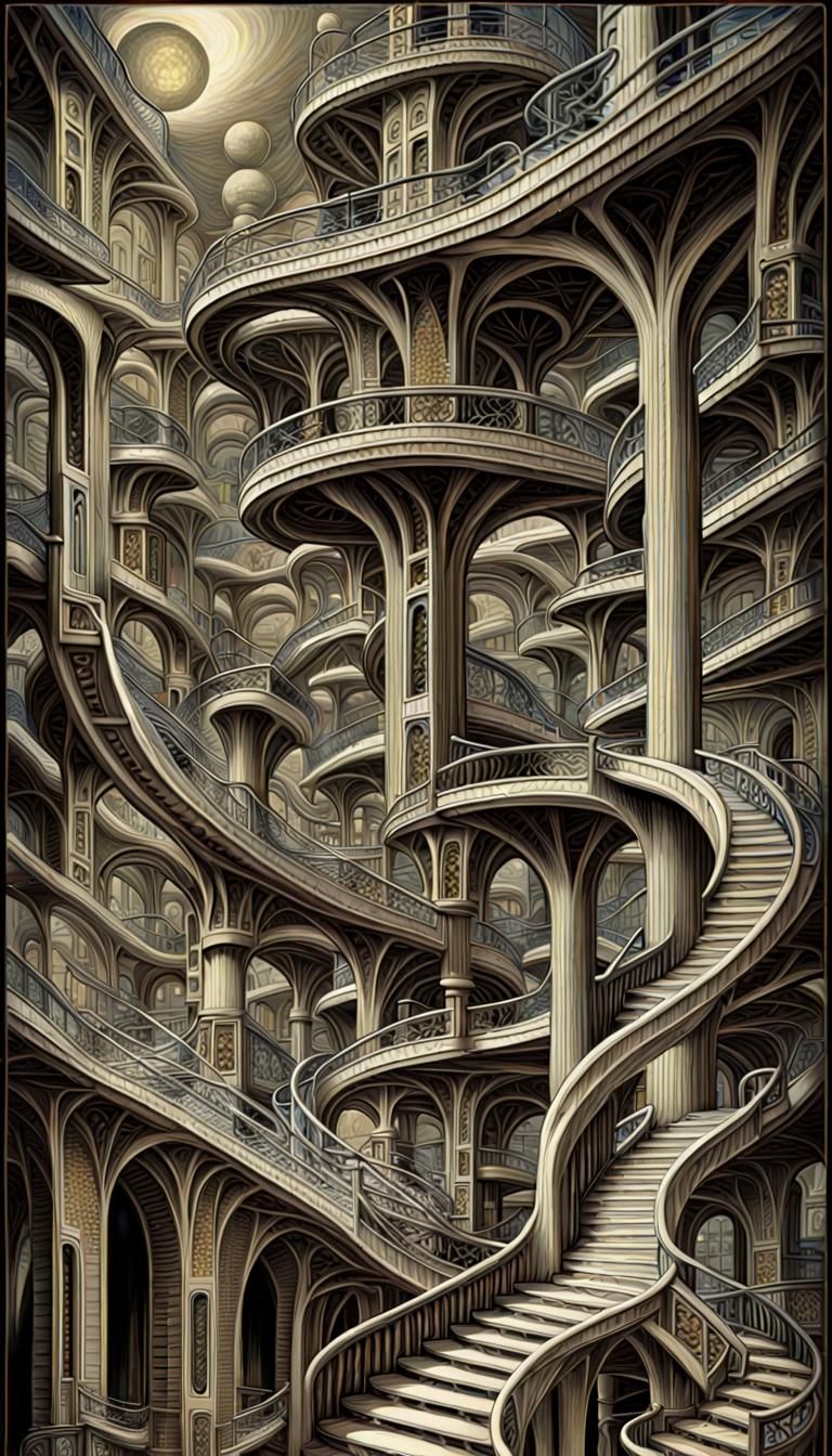 Surreal Staircase Lithograph in Prismatic Colors