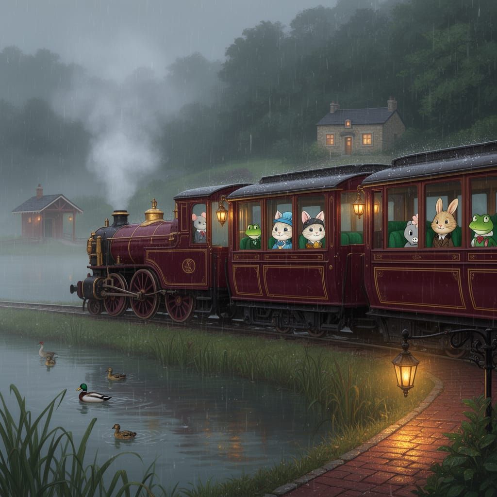 Whimsical Train Journey with Animal Families
