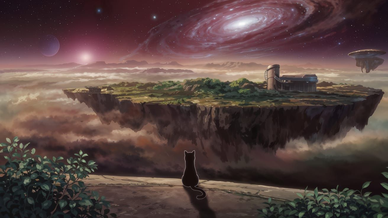 Anime Cat Gazes into Swirling Nebula on Floating Island