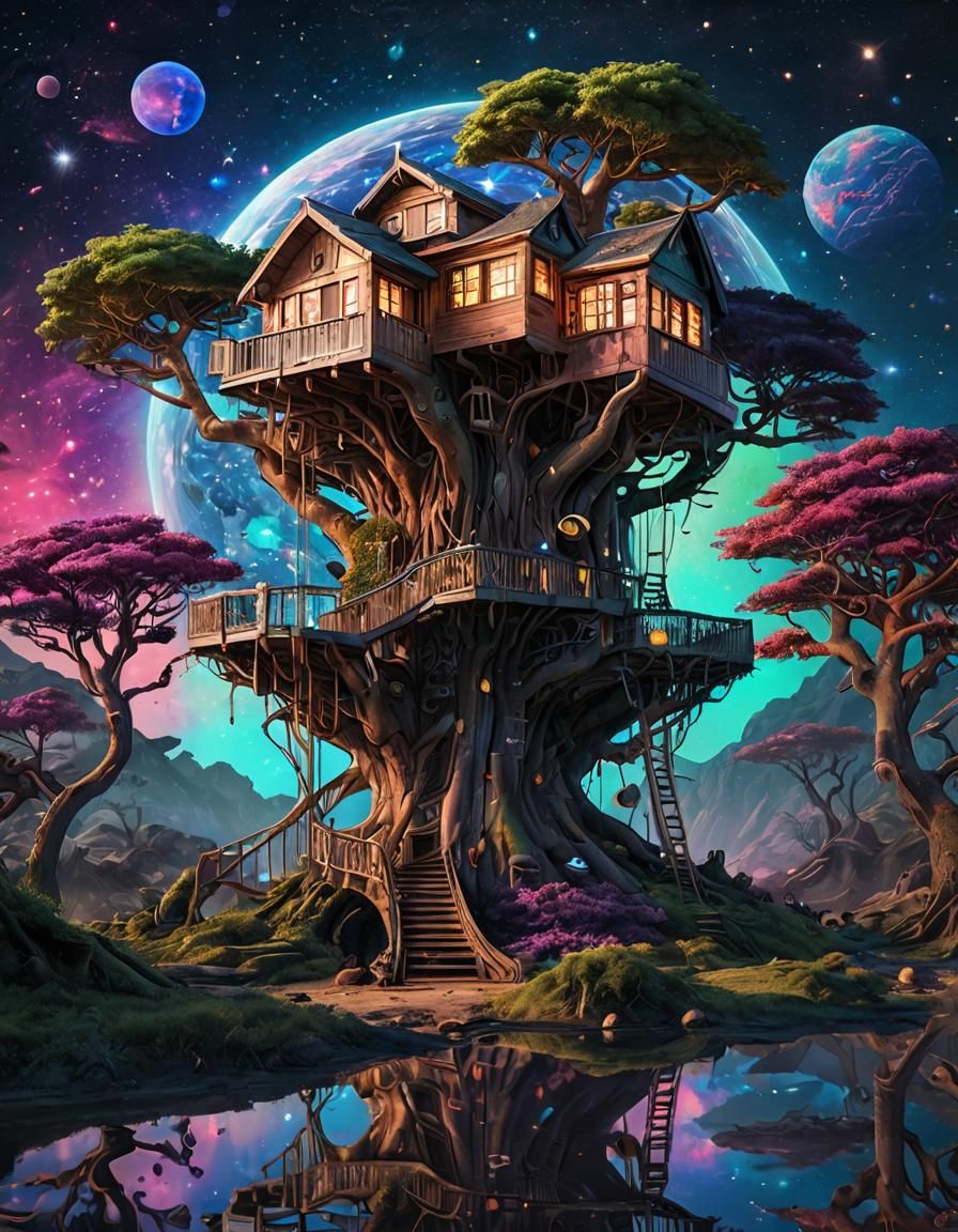 Cosmic Treehouse on Distant Planet Illustration