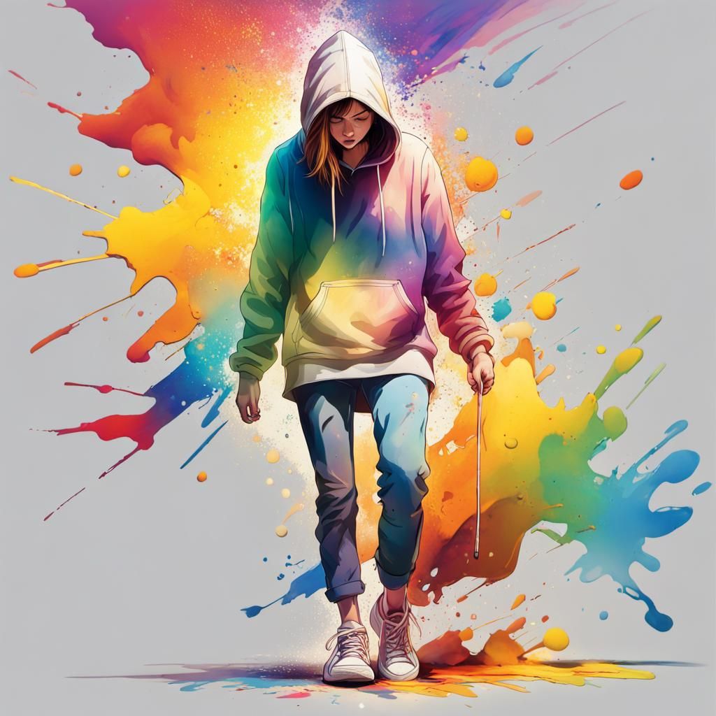 Woman Walking in City with Rainbow Splash Art