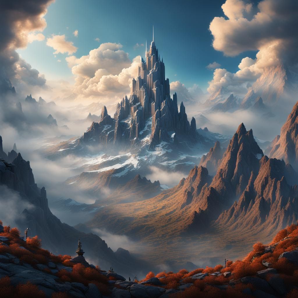 Fantastical Mountain Top and Cloudy Sky in Deep Color