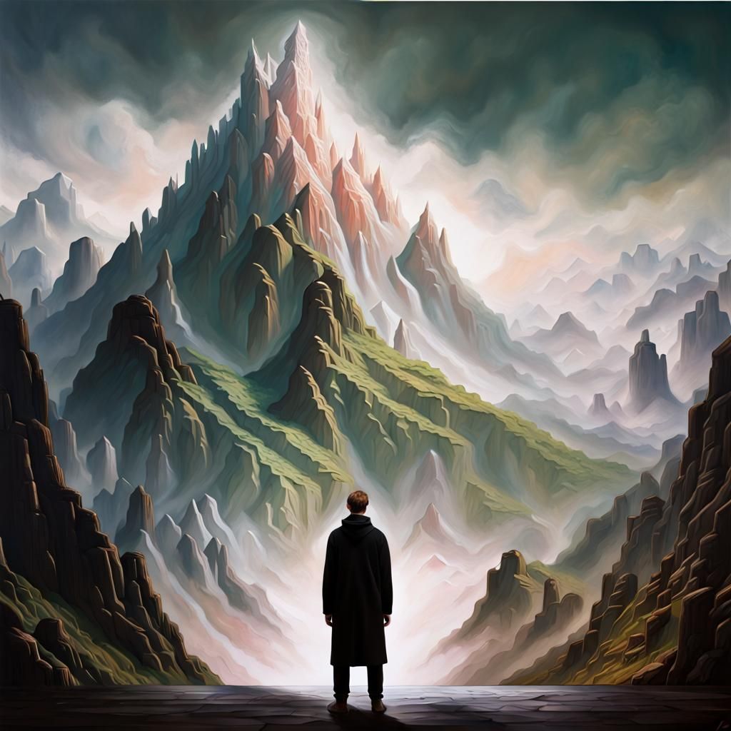 Figure Contemplates Enormous Mountain in Acrylic Art