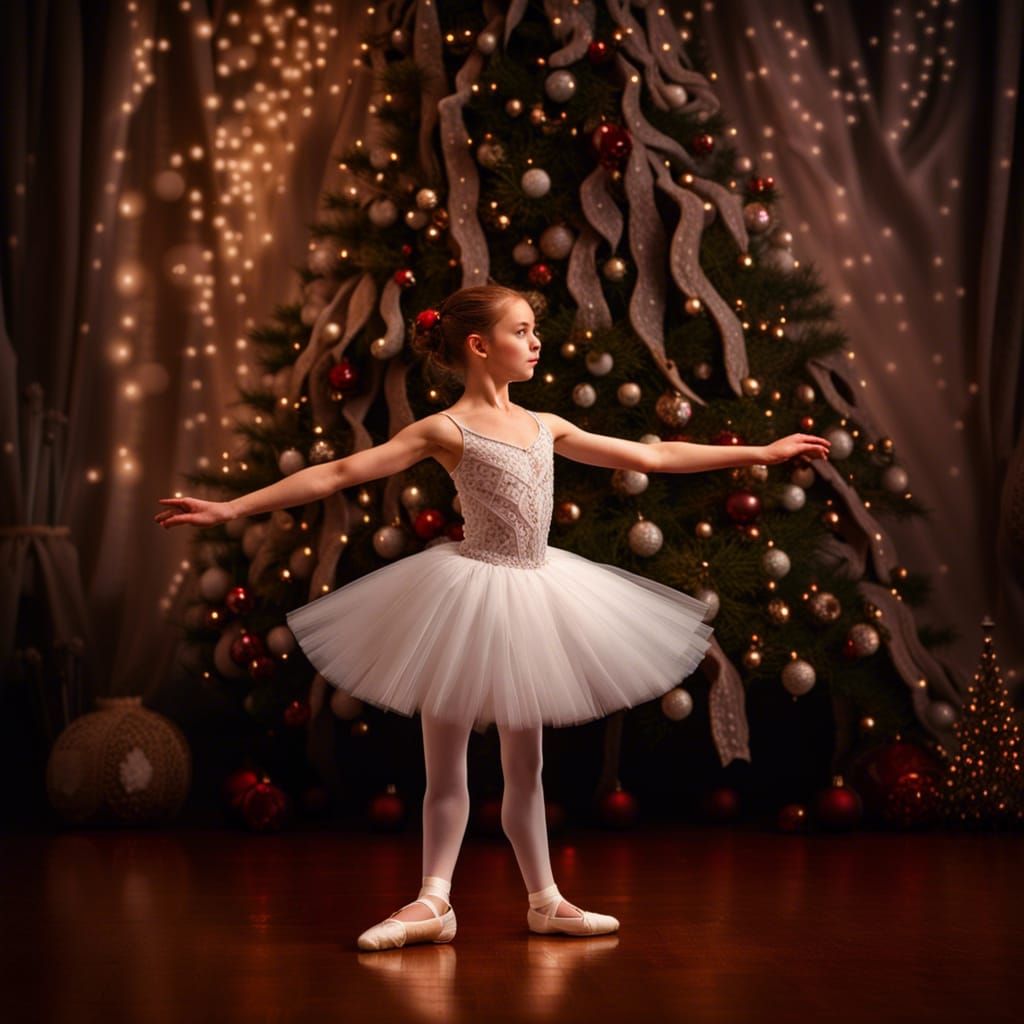 Ballerina in White Dress Beside Christmas Tree