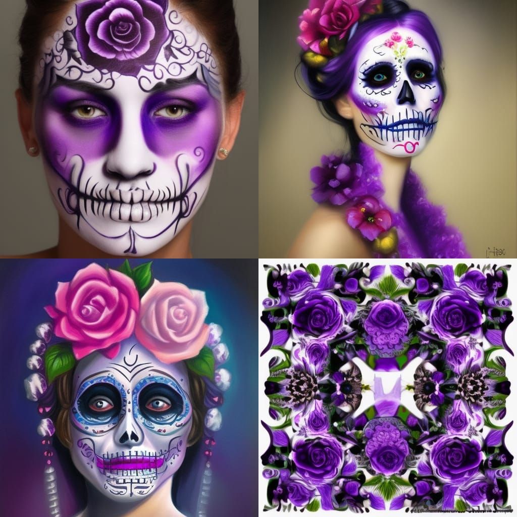 Dia de los Muertos Portrait in Purple and White