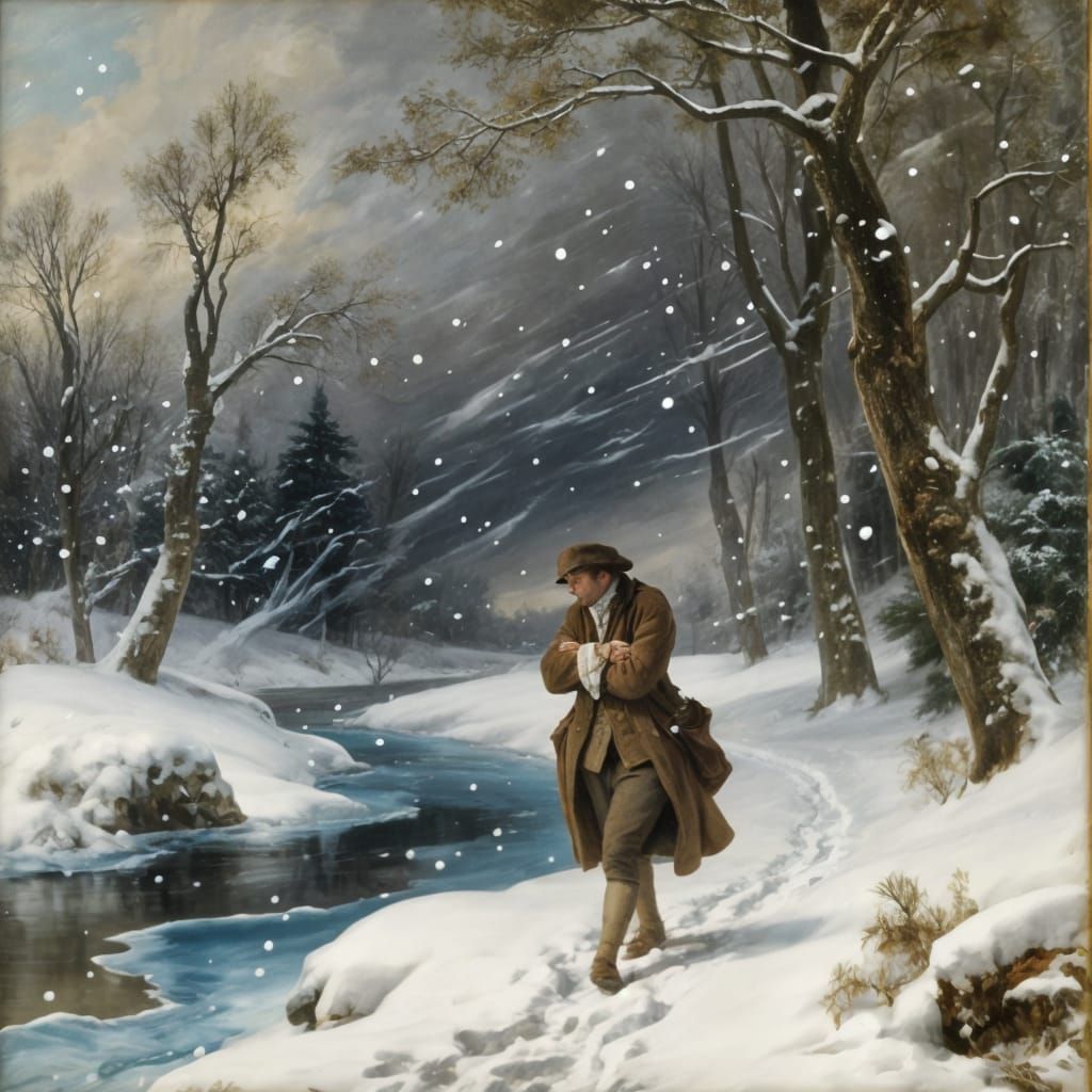 Lone Traveler in Baroque Winter Landscape Oil Painting