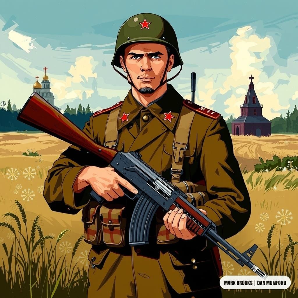 Soviet Soldier in Heroic Stance, Golden Wheat Field
