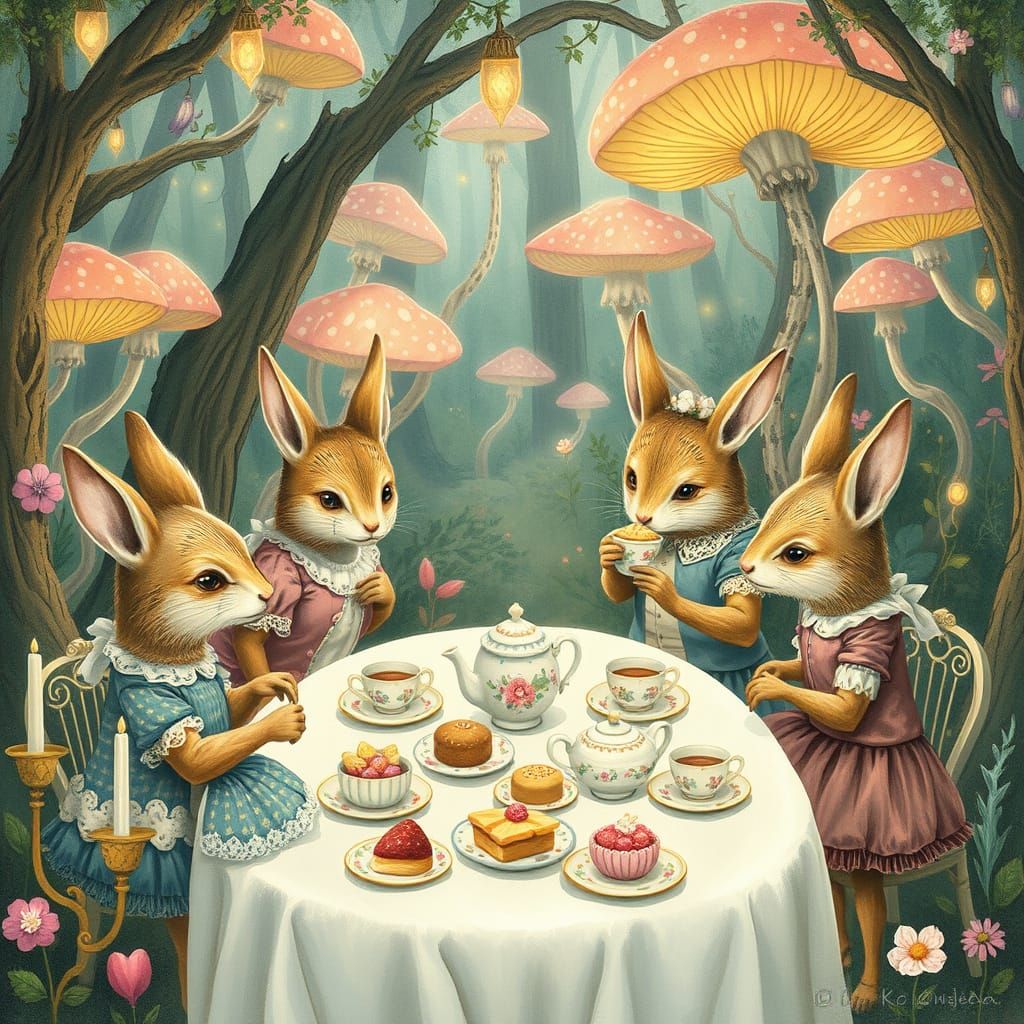 Enchanted Tea Party in Mushroom Forest, Illustrated Style