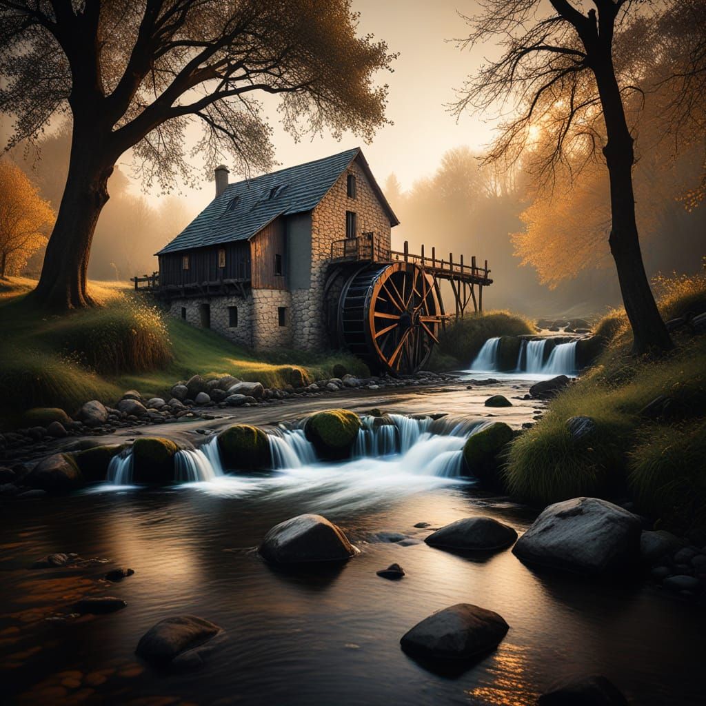 Ancient Stone Watermill in Golden Hour