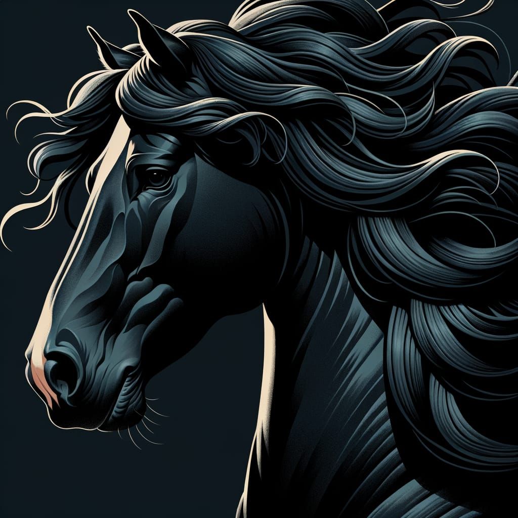 Dramatic Black Horse Portrait in Japanese Illustration Style