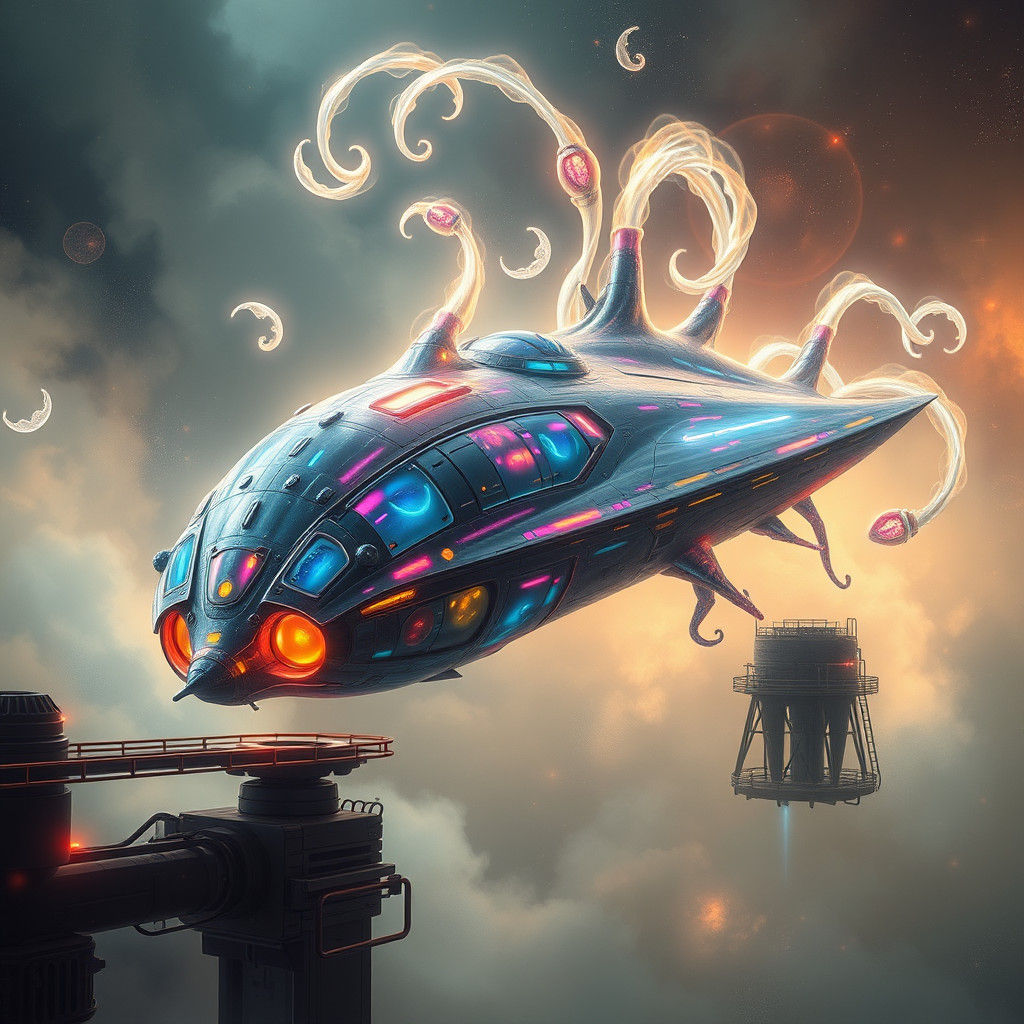 Iridescent Alien Spaceship at Futuristic Refueling Station