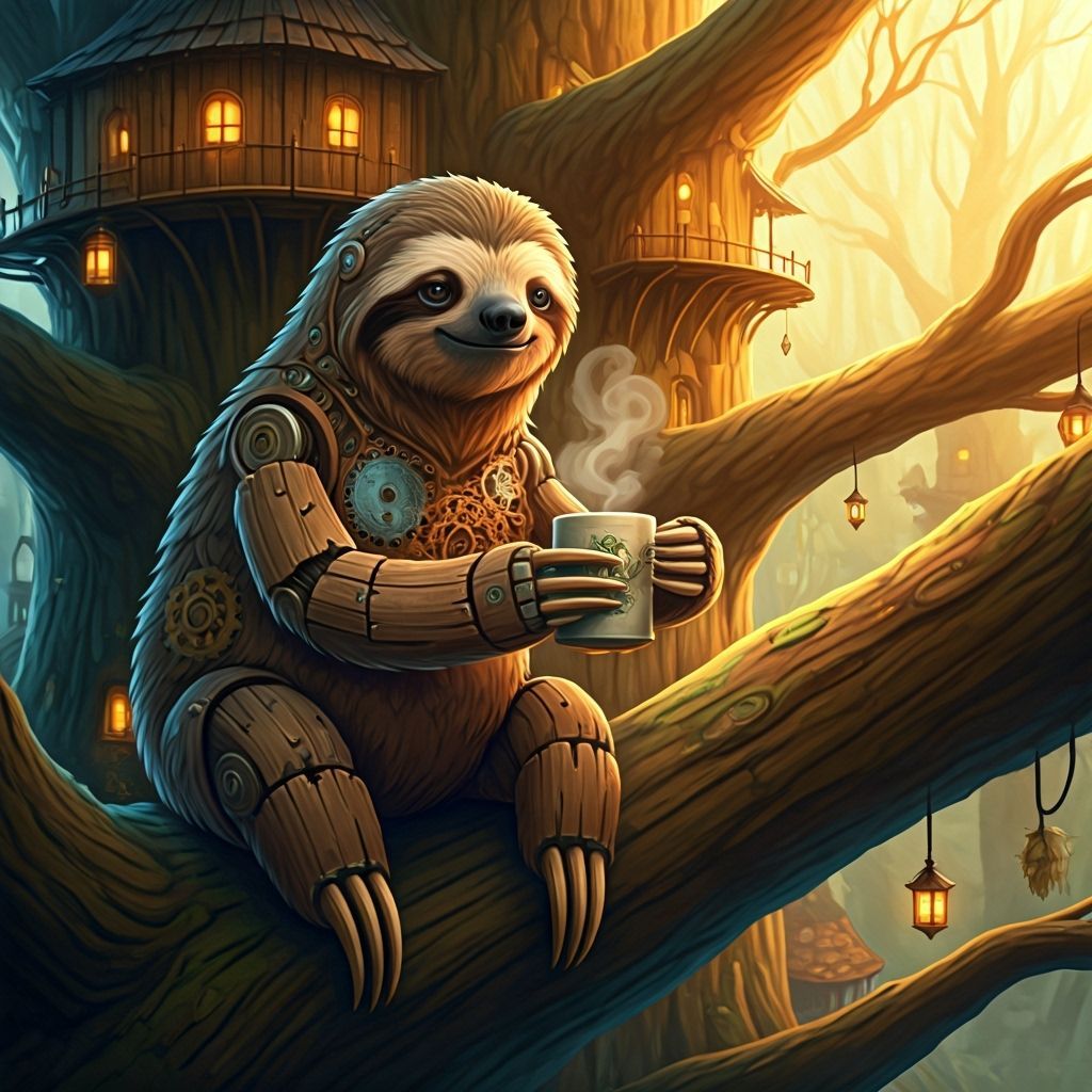 Wooden Sloth Enjoys Tea in Cozy Treehouse Village