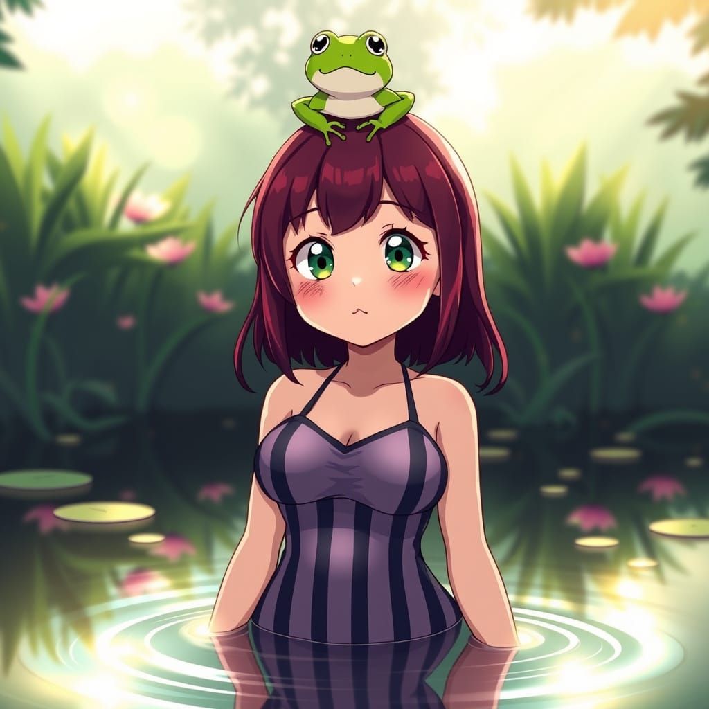 Anime Woman in Pond with Frog Companion, in Vibrant Cel-Shad...