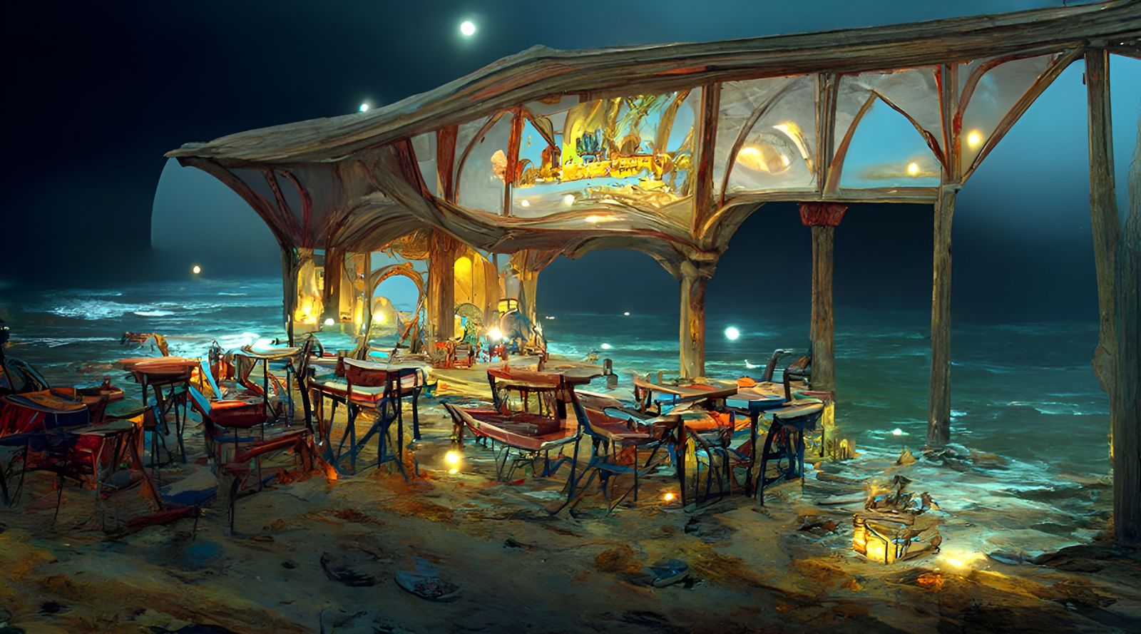 Elaborate Beach Cafe at Night: Photorealistic Concept Art