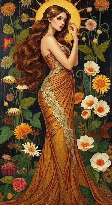 Art Nouveau Woman with Flowers in Gold Leaf